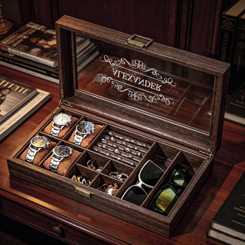 Op maat gemaakte opbergdoos voor heren, sieradendoos voor heren, gepersonaliseerde horlogedoos voor horloges, manchetknopen, zonnebrillen en meer, vintage cadeau voor mannen, cadeaus voor hem afbeelding 2