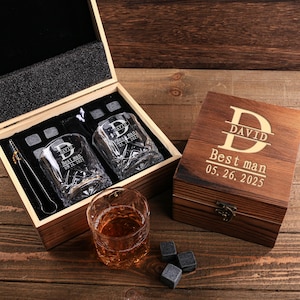 Gepersonaliseerde whiskyglazenset met houten doos, cadeau voor bruidsjonkers, gegraveerd glas, cadeau voor de getuige, aanzoek aan de bruidsjonker, cadeau voor vader, cadeau voor mannen