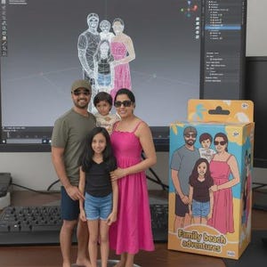 May include: A family of four stands in front of a computer screen displaying a 3D model of a family. A box with the words "Family beach adventures" is on the right. The family is standing on a clear, round base.