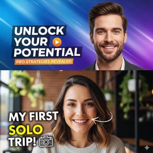 May include: A promotional image featuring two smiling individuals. The top half displays a man with the text "UNLOCK YOUR POTENTIAL" and "PRO STRATEGIES REVEALED." The bottom half shows a woman with the text "MY FIRST SOLO TRIP!" and a camera icon.