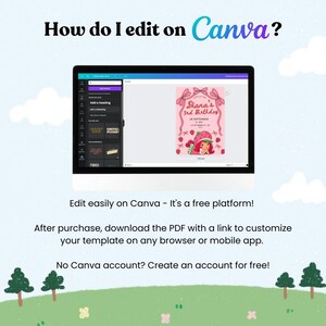 Puede incluir: Una pantalla de ordenador muestra la interfaz de Canva con una plantilla de invitaci&oacute;n de cumplea&ntilde;os rosa. El texto "How do I edit on Canva?" est&aacute; en la parte superior. La invitaci&oacute;n tiene un tema de fresa con el texto "Diana's 3rd Birthday".