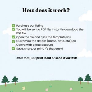 May include: A graphic with the text "How does it work?" and a list of instructions: purchase listing, download PDF, open file, customize details, and save/share/print. The background is light blue with a green landscape.
