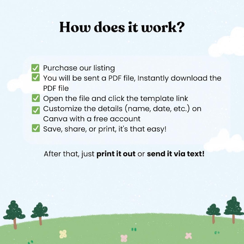 May include: A graphic with the text "How does it work?" and a list of instructions: purchase listing, download PDF, open file, customize details, and save/share/print. The background is light blue with a green landscape.