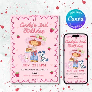 May include: Pink birthday invitation with a cartoon illustration of a girl holding a cake, surrounded by strawberries and pets. The text reads "Cindy's 2nd Birthday" and includes date, time, and RSVP information. A phone displays the same design.