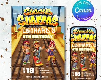 Invitación de cumpleaños de Subway Surfers: Fiesta gamer (Plantilla Canva descargable digitalmente)