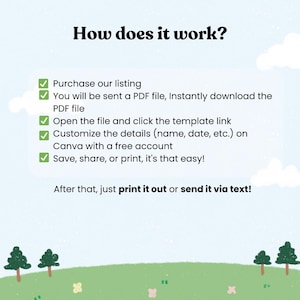 Puede incluir: Imagen con el texto "&iquest;C&oacute;mo funciona?" y una lista de instrucciones. Los pasos incluyen la compra de un anuncio, la descarga de un PDF, la apertura del archivo, la personalizaci&oacute;n de los detalles y el guardado o la impresi&oacute;n.