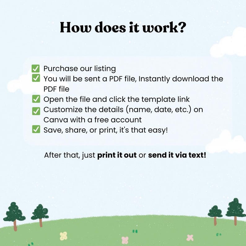 Puede incluir: Imagen con el texto "&iquest;C&oacute;mo funciona?" y una lista de instrucciones. Los pasos incluyen la compra de un anuncio, la descarga de un PDF, la apertura del archivo, la personalizaci&oacute;n de los detalles y el guardado o la impresi&oacute;n.