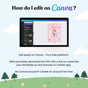 May include: A computer screen displays a Canva interface with a birthday invitation template. The text "How do I edit on Canva?" is at the top. The invitation is pink with illustrations and the text "Candy's 2nd Birthday". The image also includes the text "Edit easily on Canva - It's a free platform!"