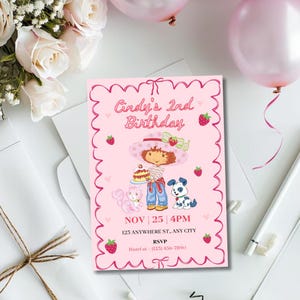 May include: Pink birthday invitation with the text "Cindy's 2nd Birthday." The invitation features a cartoon illustration of a girl in a hat holding a cake, with a dog and a cat. The date and time are also included.