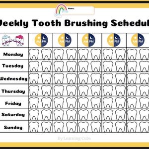 Horario semanal de cepillado de dientes (20 páginas) / Tabla imprimible de higiene dental para niños / Learning Cubs