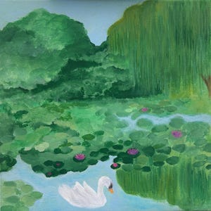 白鳥の絵画 モネ 池 オリジナルアート 睡蓮 ウォールアート 白鳥