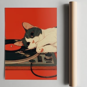 Japanische Wandkunst, Retro Katzen Poster, süße Katzen Poster, Geschenk für Musikliebhaber, Vintage Schallplatten Wandkunst, Audio Liebhaber Geschenk Musik Poster Bild 6
