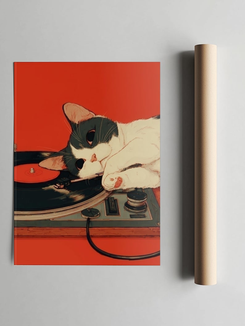 Japanische Wandkunst, Retro Katzen Poster, süße Katzen Poster, Geschenk für Musikliebhaber, Vintage Schallplatten Wandkunst, Audio Liebhaber Geschenk Musik Poster Bild 6
