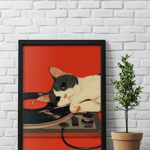 Japanische Wandkunst, Retro Katzen Poster, süße Katzen Poster, Geschenk für Musikliebhaber, Vintage Schallplatten Wandkunst, Audio Liebhaber Geschenk Musik Poster Bild 5