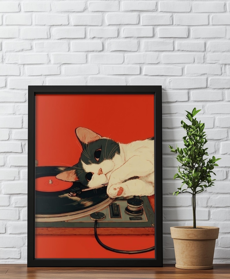 Japanische Wandkunst, Retro Katzen Poster, süße Katzen Poster, Geschenk für Musikliebhaber, Vintage Schallplatten Wandkunst, Audio Liebhaber Geschenk Musik Poster Bild 5