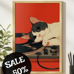 Japanische Wandkunst, Retro Katzen Poster, süße Katzen Poster, Geschenk für Musikliebhaber, Vintage Schallplatten Wandkunst, Audio Liebhaber Geschenk Musik Poster Bild 1