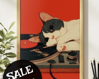 Japanese Wall Art, Retro Cat Poster, Cute Cat Poster, Gift for Music Lovers, Vintage Vinyl Record Wall Art, Audio Lover Gift, Music Poster