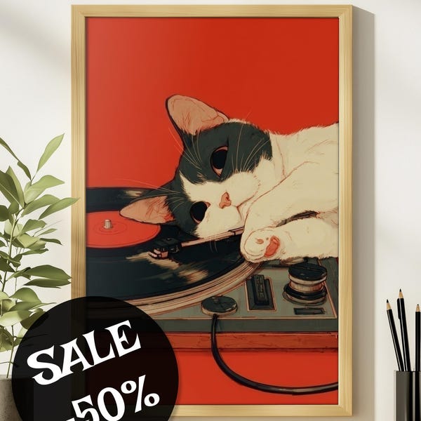 Japanese Wall Art, Retro Cat Poster, Cute Cat Poster, Gift for Music Lovers, Vintage Vinyl Record Wall Art, Audio Lover Gift, Music Poster
