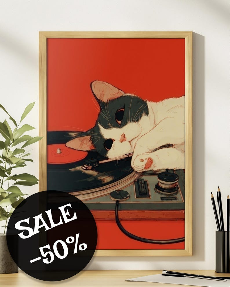 Japanische Wandkunst, Retro Katzen Poster, süße Katzen Poster, Geschenk für Musikliebhaber, Vintage Schallplatten Wandkunst, Audio Liebhaber Geschenk Musik Poster Bild 1