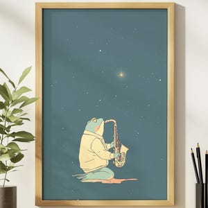 Póster de rana retro de saxofón, arte mural vintage japonés de rana, decoración estética de los años 70, póster de Ghibli, póster musical, salud mental, impresión colorida de rana.