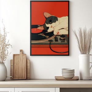 Japanische Wandkunst, Retro Katzen Poster, süße Katzen Poster, Geschenk für Musikliebhaber, Vintage Schallplatten Wandkunst, Audio Liebhaber Geschenk Musik Poster Bild 3