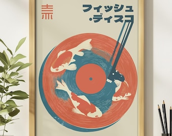 Japanische Schallplatte Kunstdruck, Koi Fisch Musik Poster