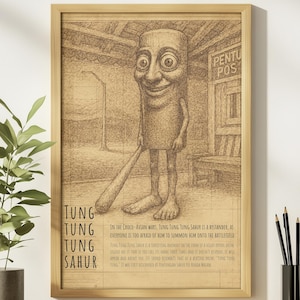 Tung Tung Tung Sahur Meme Poster, Brainrot Memes, Meme Posters, Weird Absurd Hilarious, Stupid Gift, Social Media Viral, Italian Brainrot