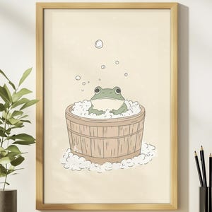 Póster acogedor de baño de rana, arte mural vintage japonés de rana, decoración estética de los años 70, impresión grande, Matsumoto Hoji, regalo de inauguración de la casa