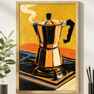May include: A framed wall art print featuring a stylised illustration of a metallic moka pot on a stovetop. The artwork uses bold strokes of yellow, orange, black, and blue, depicting the coffee maker with steam rising from the top lid.