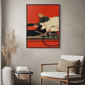 Japanische Wandkunst, Retro Katzen Poster, süße Katzen Poster, Geschenk für Musikliebhaber, Vintage Schallplatten Wandkunst, Audio Liebhaber Geschenk Musik Poster Bild 7