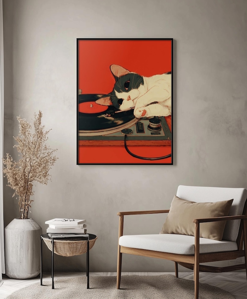 Japanische Wandkunst, Retro Katzen Poster, süße Katzen Poster, Geschenk für Musikliebhaber, Vintage Schallplatten Wandkunst, Audio Liebhaber Geschenk Musik Poster Bild 7