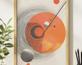 May include: Abstract art print in a wooden frame. The artwork features a large orange circle with a smaller black circle inside, surrounded by gray and black lines. Additional orange and gray circles and lines complete the design.
