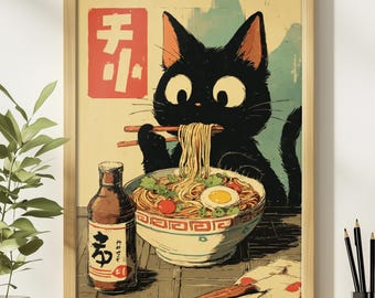 Cat Lover Poster,Ramen Shop Decor,Japanese Cat Decal,Cute Animal Graphic,Eating Hungry Kitty Wall Art,Japan Noodle Shop,Kawaii,For Kitchen