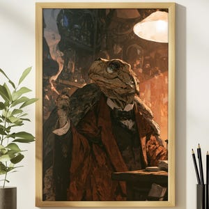 May include: A framed wall art print depicting an anthropomorphic turtle wearing a dark red coat, a black vest, and a bow tie. The turtle holds a smoking cigarette in one hand while standing in a dimly lit, cluttered room with warm lighting.