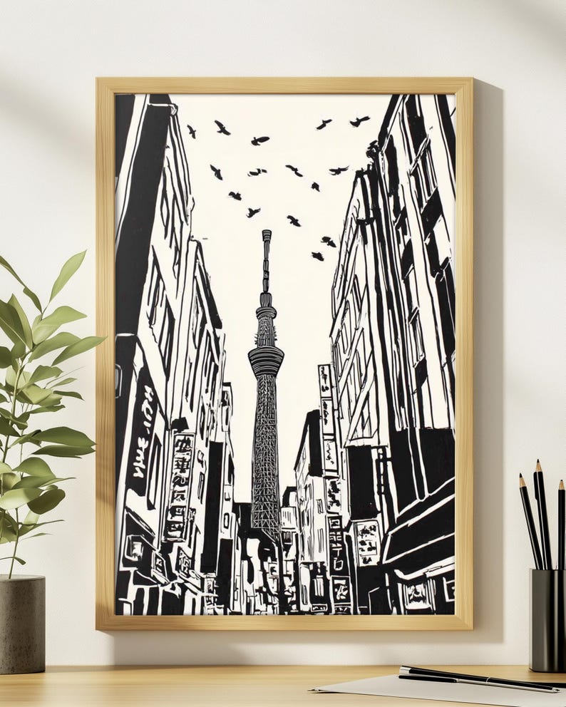 Tokyo Cityscape Print | Hand Drawn Black and White Poster - Etsy