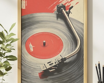 Op de afbeelding: Ingelijste vintage print met een platenspeler en een vinylplaat. Het kunstwerk heeft een rood en crèmekleurig kleurenschema met Japanse tekst in de linkerbovenhoek. De arm van de platenspeler is zilverkleurig, de plaat is zwart.