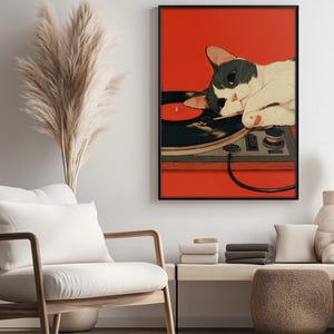Japanische Wandkunst, Retro Katzen Poster, süße Katzen Poster, Geschenk für Musikliebhaber, Vintage Schallplatten Wandkunst, Audio Liebhaber Geschenk Musik Poster Bild 9