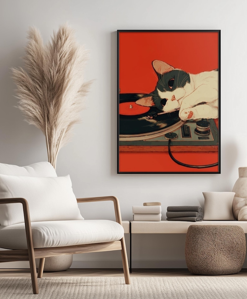 Japanische Wandkunst, Retro Katzen Poster, süße Katzen Poster, Geschenk für Musikliebhaber, Vintage Schallplatten Wandkunst, Audio Liebhaber Geschenk Musik Poster Bild 9