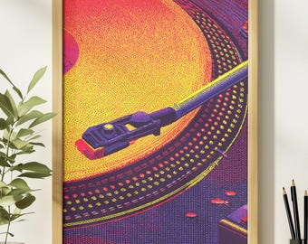 Puede incluir: Una impresión artística enmarcada de un tocadiscos, con un diseño pixelado vibrante. La obra de arte muestra un disco amarillo y naranja, un brazo fonocaptor morado y una aguja roja. El marco de madera añade un toque clásico a esta decoración mural temática musical.
