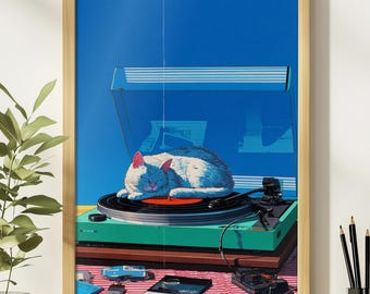 Lámina de gato durmiendo sobre un tocadiscos verde, arte de pared de vinilo azul retro con gato, póster musical acogedor, regalo para amantes de los gatos