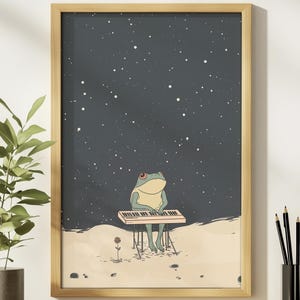 Póster de rana retro sintetizada, arte mural vintage japonés de rana, decoración estética de los años 70, póster de Ghibli, póster musical, salud mental, impresión colorida de rana.