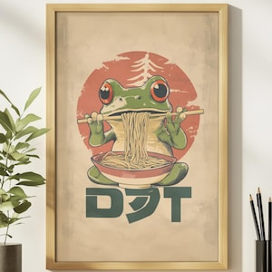 Póster de cocina de rana ramen, arte mural vintage japonés de rana, decoración estética de los años 70, impresión grande, Matsumoto Hoji, regalo de inauguración de la casa