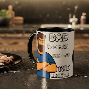 Caneca de pai com citação - O homem, o mito, a lenda - Presente de dia dos pais - Ilustração de pai em desenho animado - Presente engraçado para pai - Caneca com tipografia ousada