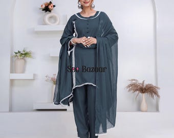 Ready to Wear Grey Rayon Lace Work Kurta Pant With Cotton Dupatta Designer Salwar Kameez Suit Set  Plus Sizes & Customization is Free