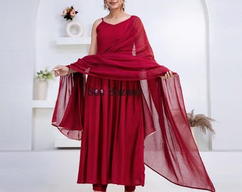 Maroon Designer Flared Premium Rayon Kurta Pant with Cotton Dupatta Set |Bijiya Thread work| Party Wear| Plus Sizes & Customization is Free