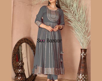 Grey Rayon Anarkali Kurta Pant with Chiffon Dupatta - Gota Patti Salwar Kameez