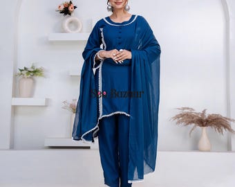 Ready to Wear Blue Rayon Lace Work Kurta Pant With Cotton Dupatta Designer Salwar Kameez Suit Set  Plus Sizes & Customization is Free