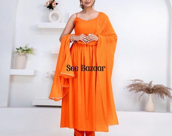 Orange Designer Flared Premium Rayon Kurta Pant With Cotton Dupatta Set | Bijiya Thread work| Party Wear| Plus Sizes & Customization is Free