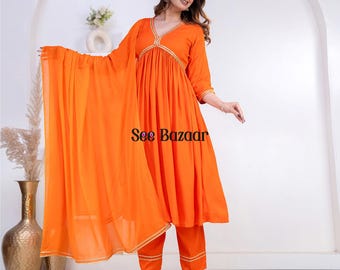 Orange Golden Lace Designer Anarkali Premium Rayon Kurta Pant With Cotton Dupatta Set | Party Wear |Plus Sizes & Customization is Free.