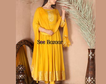 Yellow Anarkali Kurta Pant Set: Rayon Salwar Kameez with Chiffon Dupatta